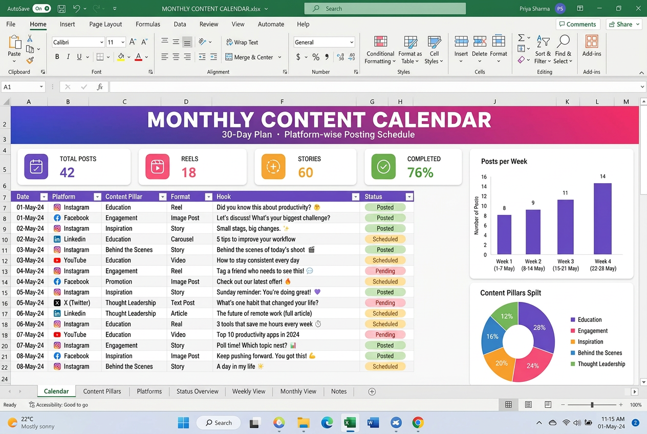 Monthly content calendar template preview