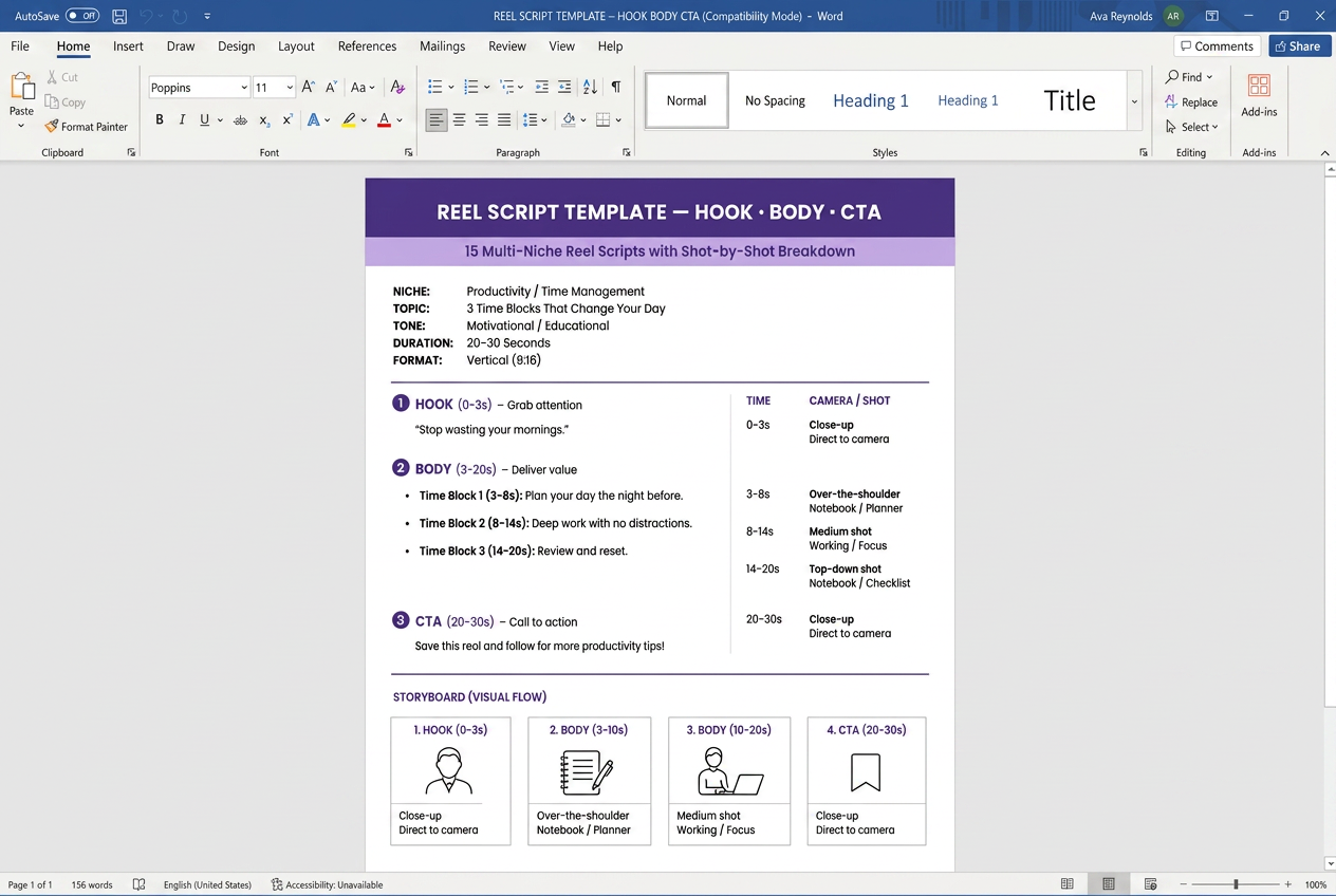 Reel script template preview