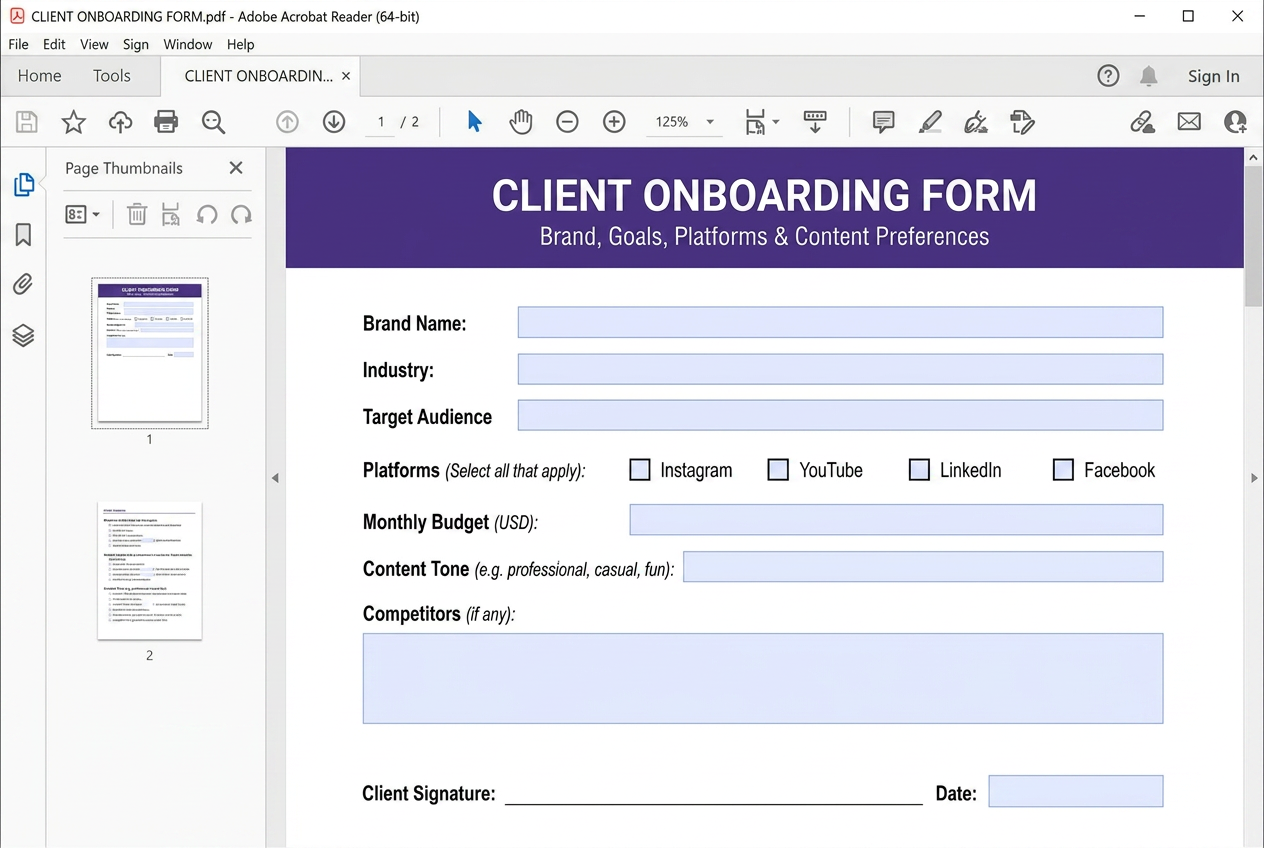 Client onboarding form preview